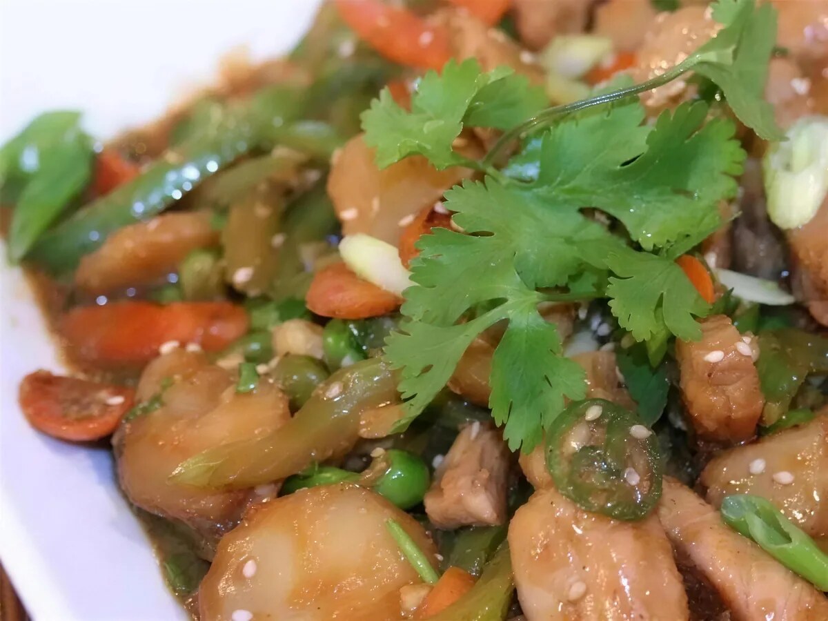 Cilantro, sesame seeds and a sliced green chile over a glossy brown sauce
