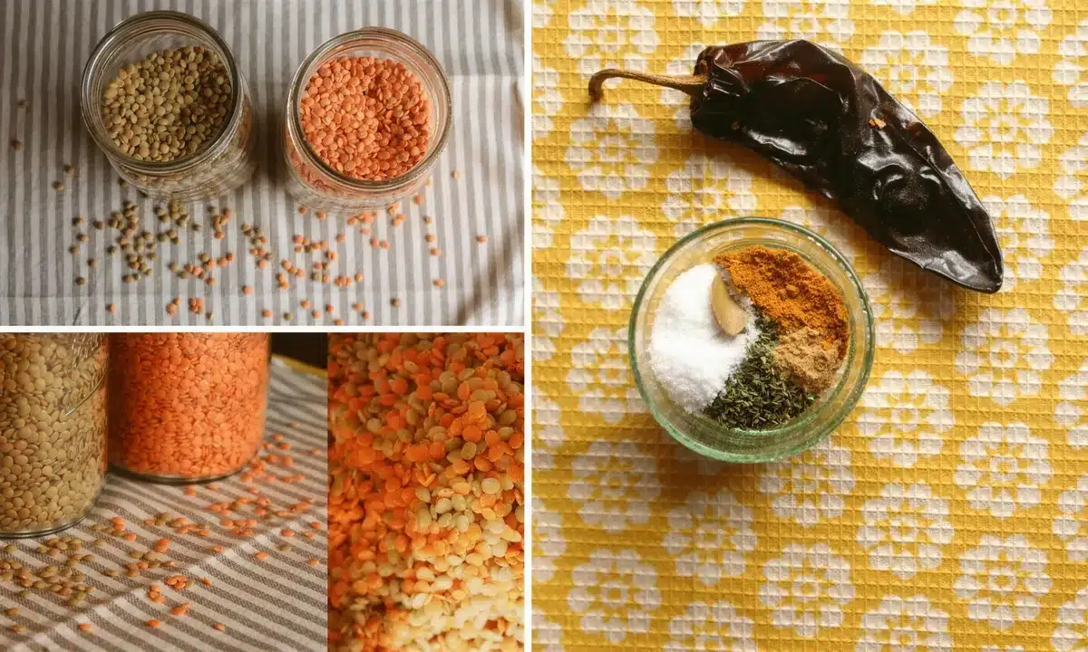 Dried pulses in glass jars beside a dried chile and a bowl of spices