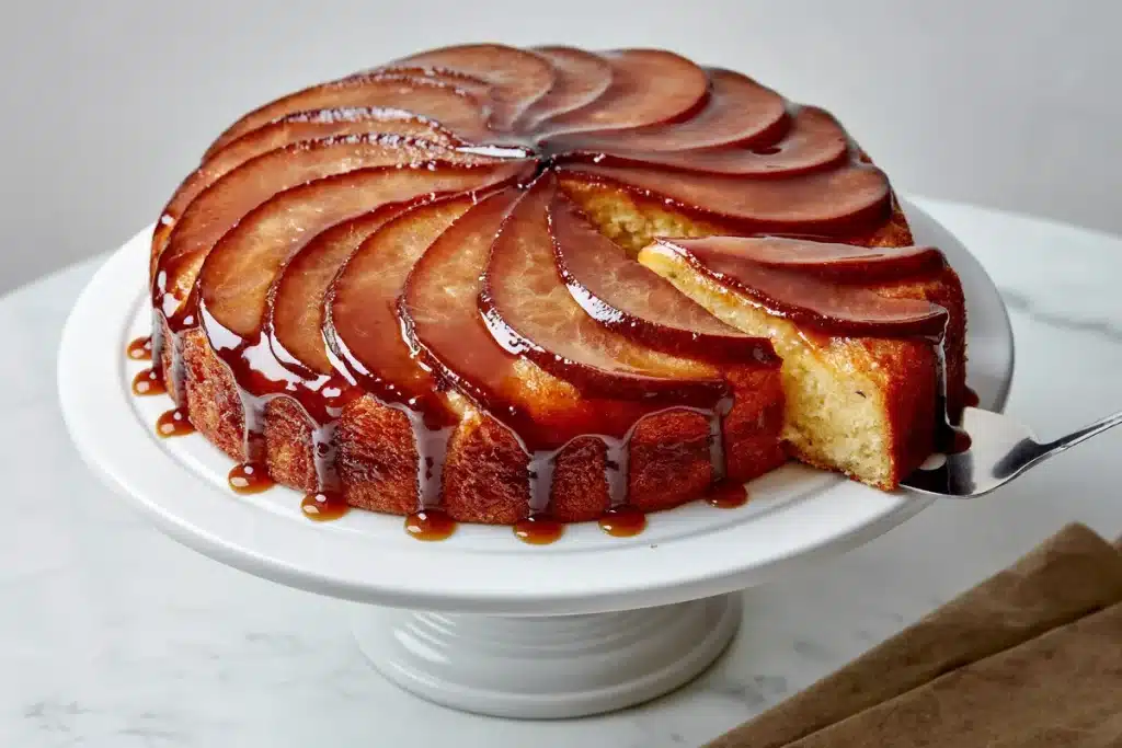 A round golden sponge on a white stand with fruit fanned across the top