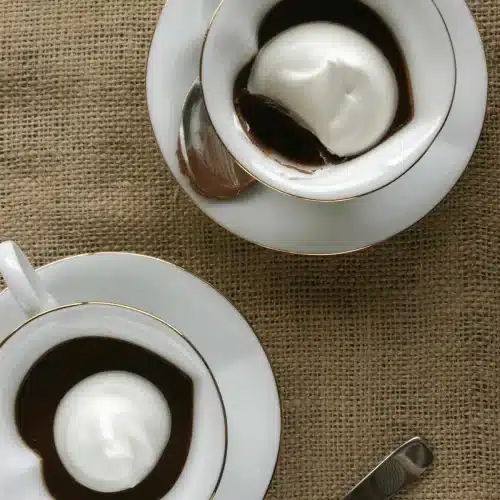 Close view of a whipped cream dollop on a set dark custard