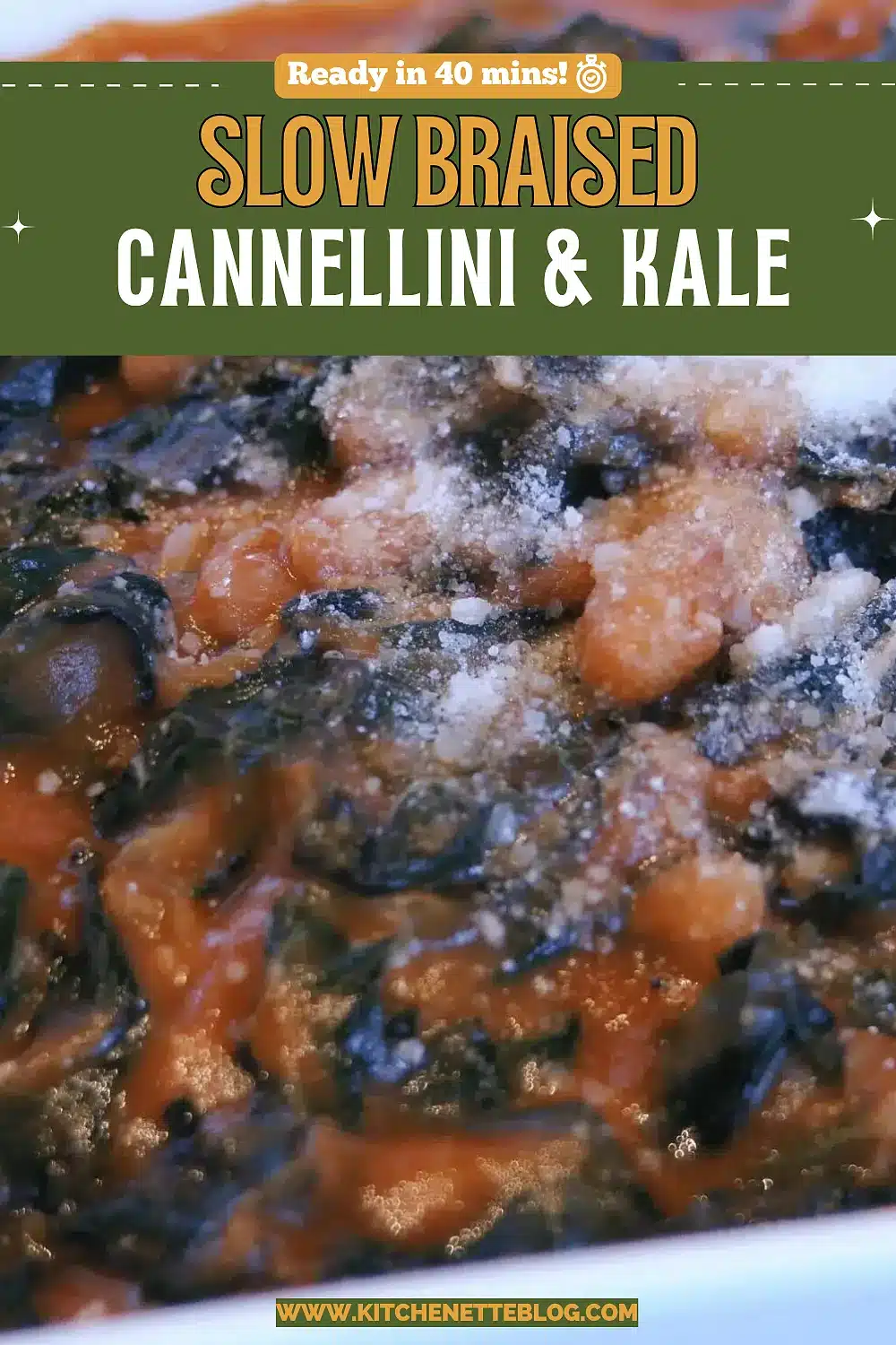 Slow-cooked greens and white beans in tomato sauce under melted parmesan