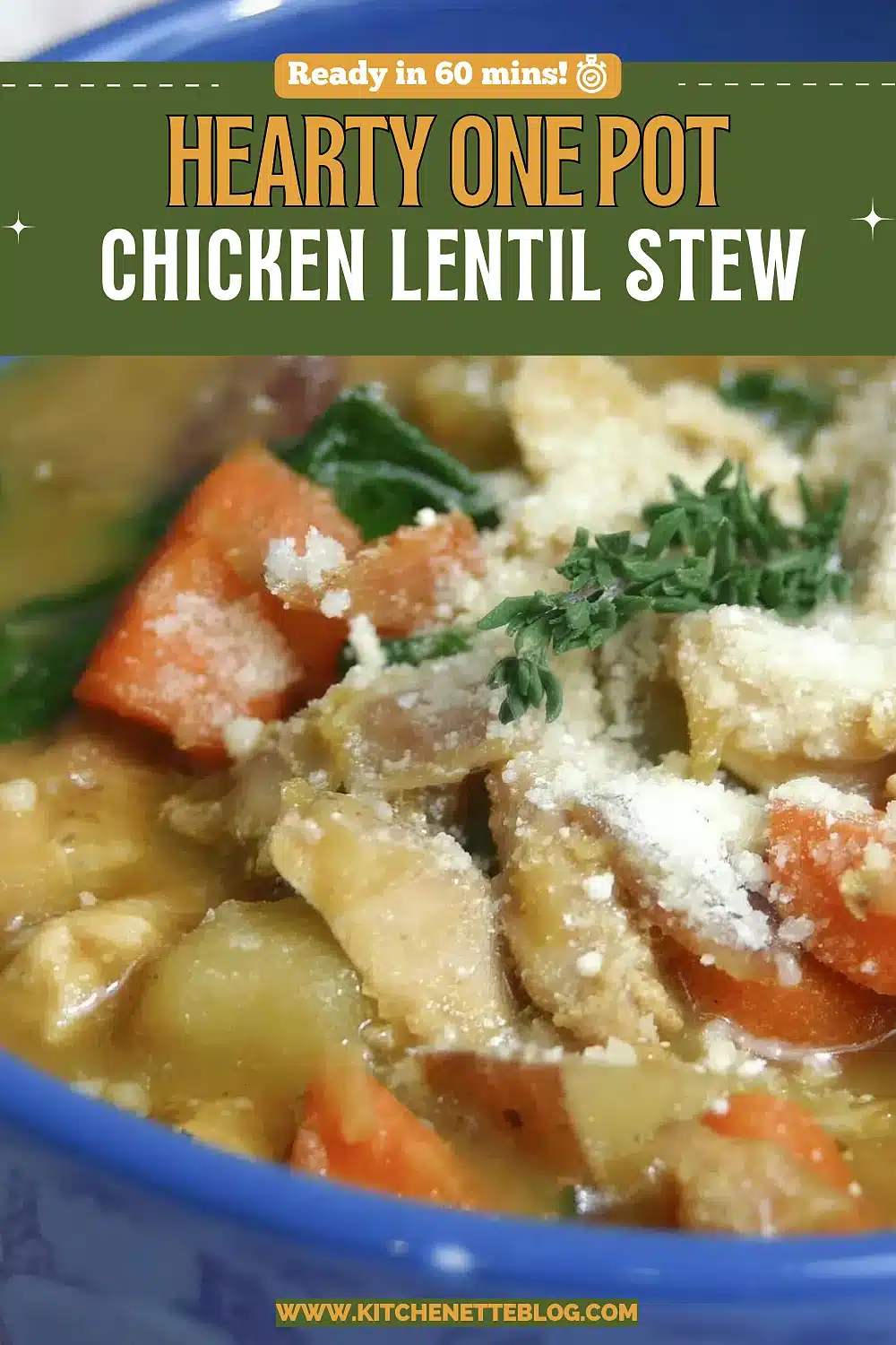 Golden broth with carrots, spinach and grated cheese in a blue bowl