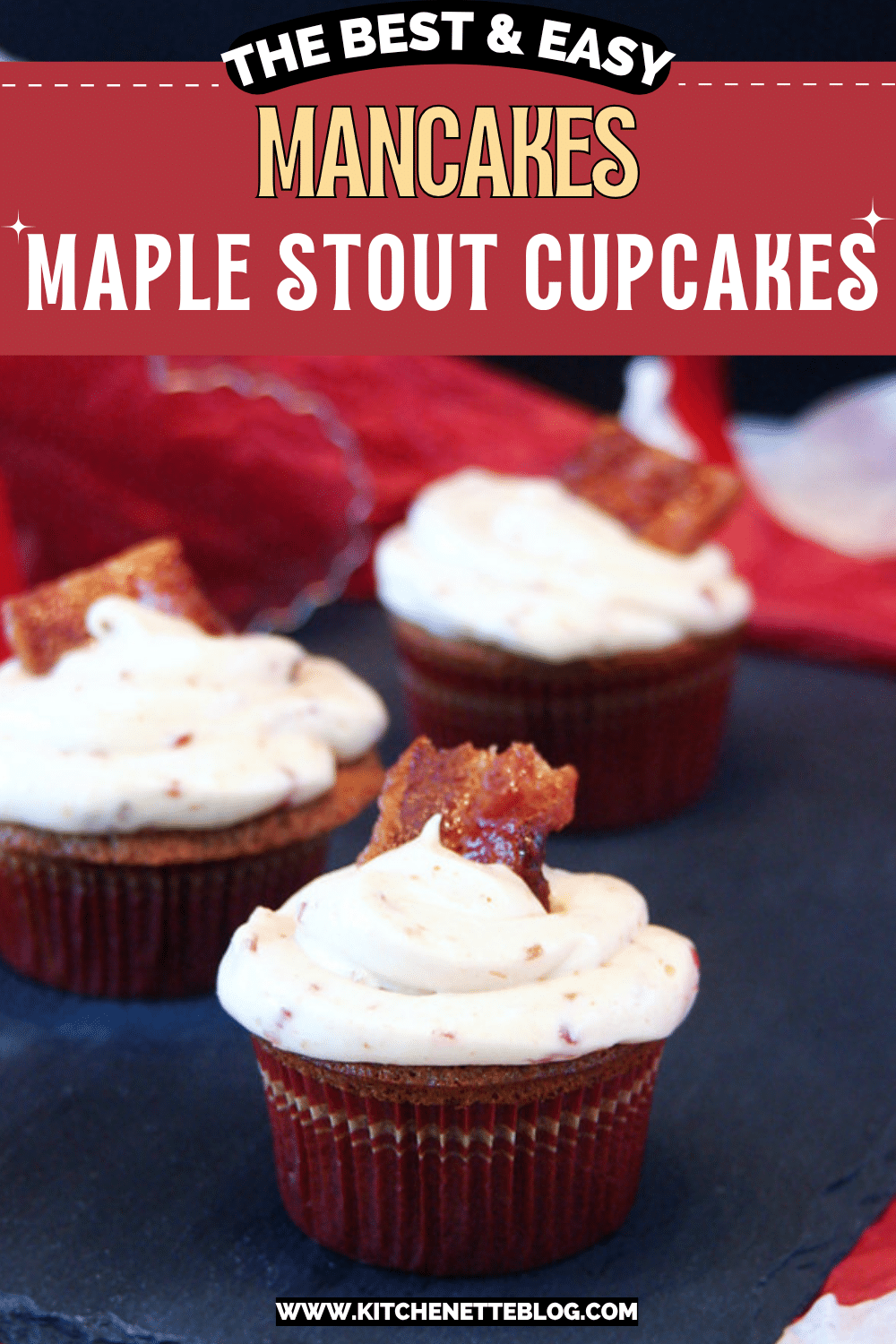 Maple Stout Cupcakes with Candied Cayenne Bacon (aka Mancakes)