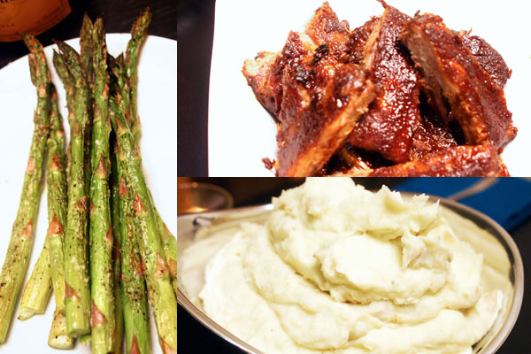 roasted asparagus, ribs, and mashed potatoes