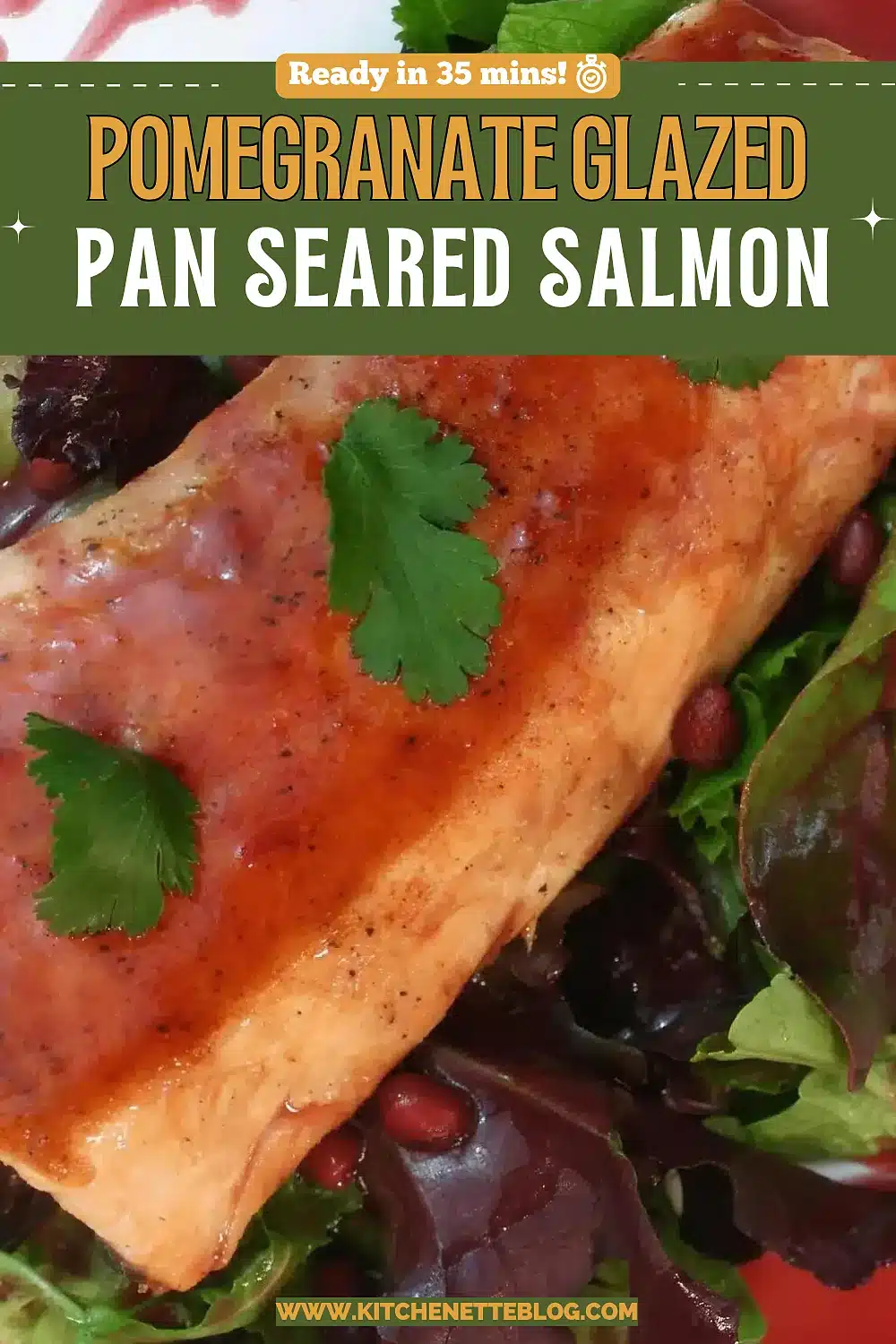 Two fish fillets with ruby sauce and jewel-like seeds on a white plate