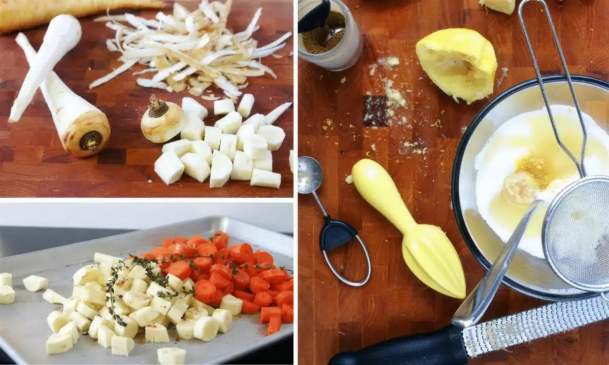 Peeled roots being diced, spread on a roasting tray, and a yogurt mixture being strained through a sieve