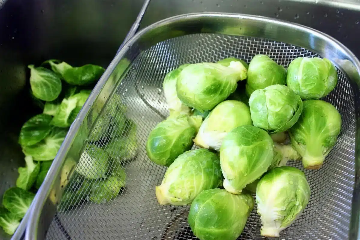 Trimmed sprouts halved and draining in a metal colander