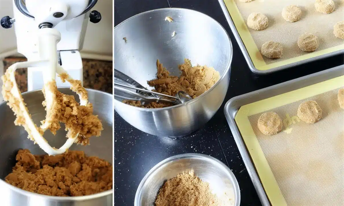 Butterscotch cookies dough rolled into balls and lined up on a baking sheet