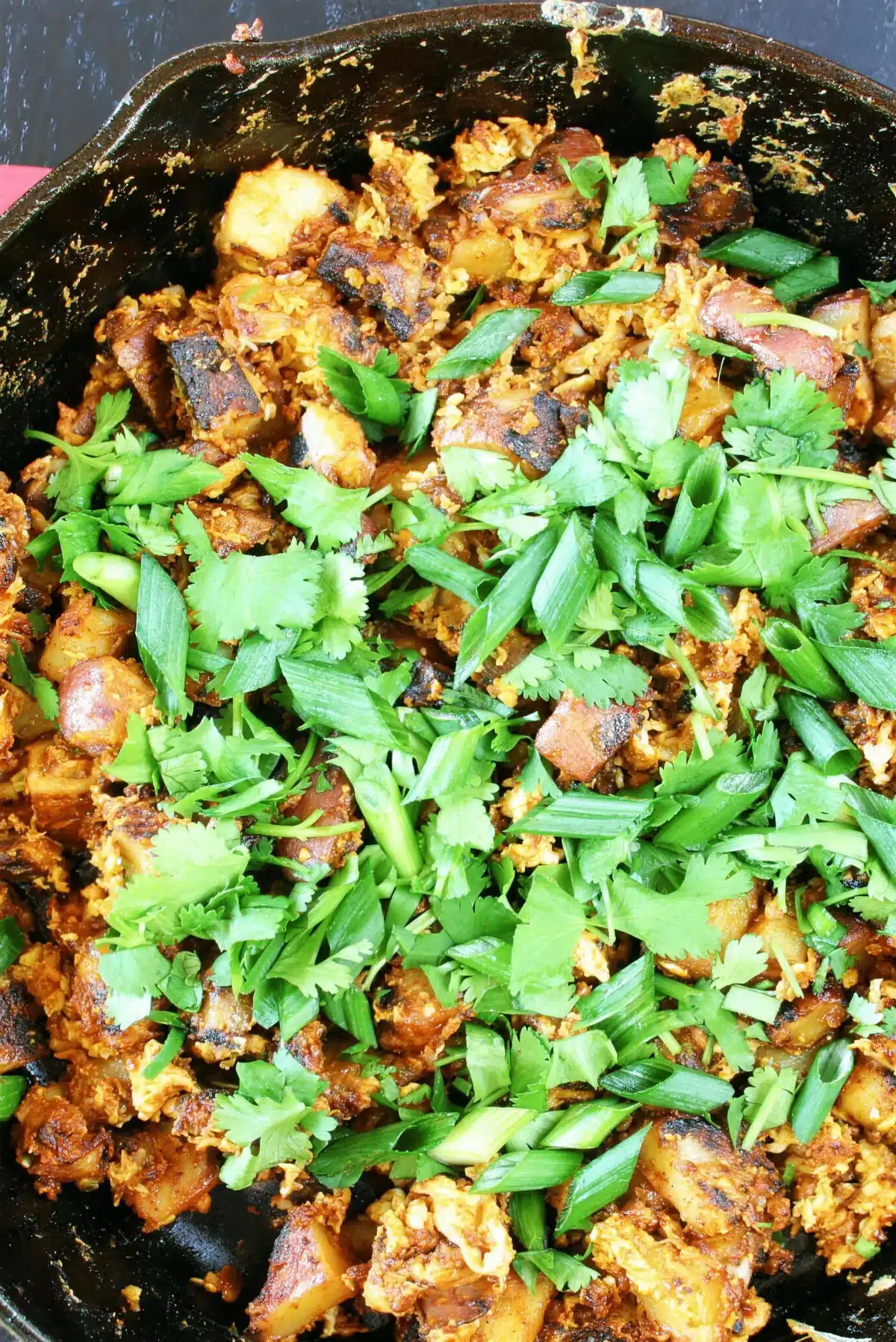 Chorizo hash in a cast iron skillet scattered with scallions and cilantro