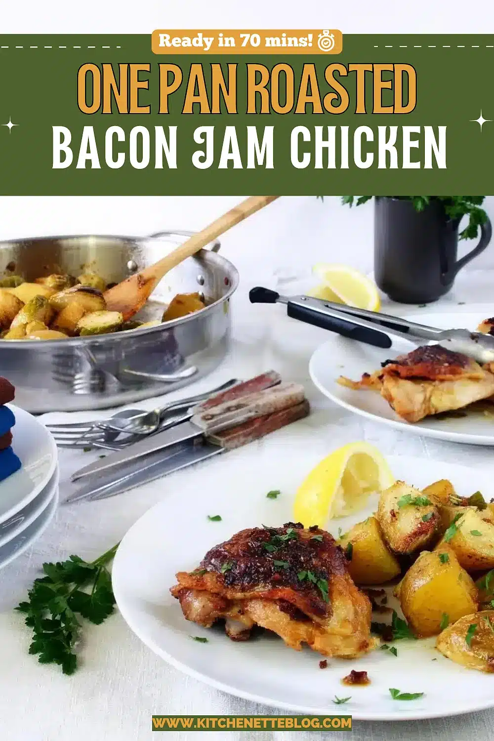 Crisp-skinned thighs with baby potatoes, lemon and parsley on white plates beside the pan