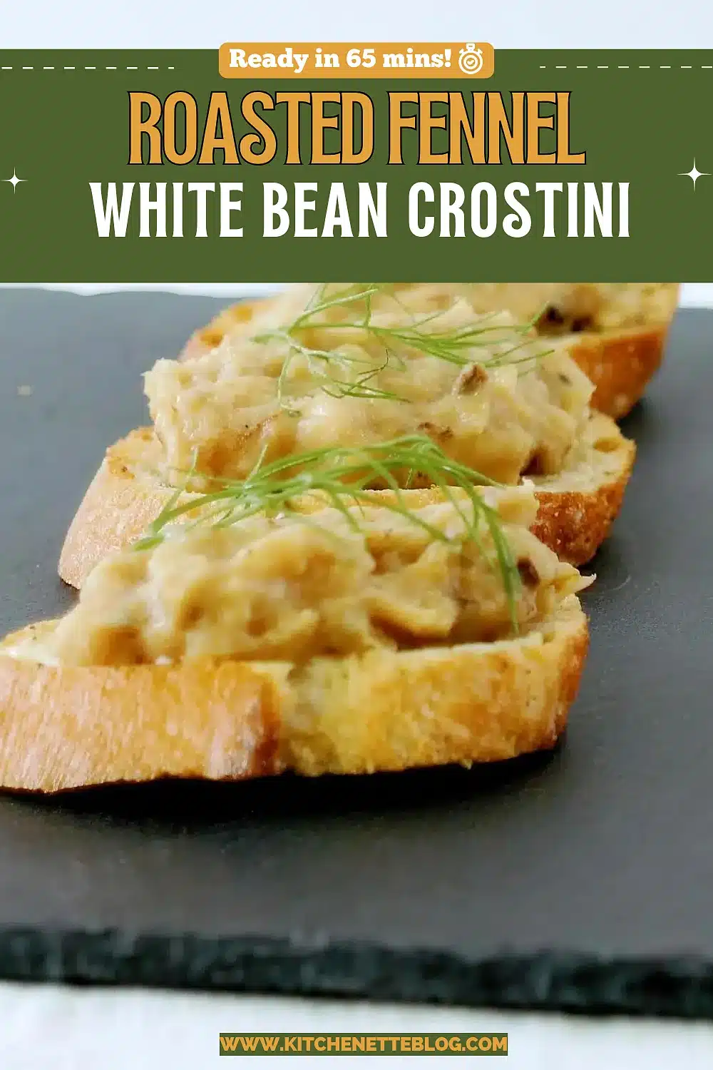 Row of toasted baguette slices piled with a creamy pale topping and feathery green fronds
