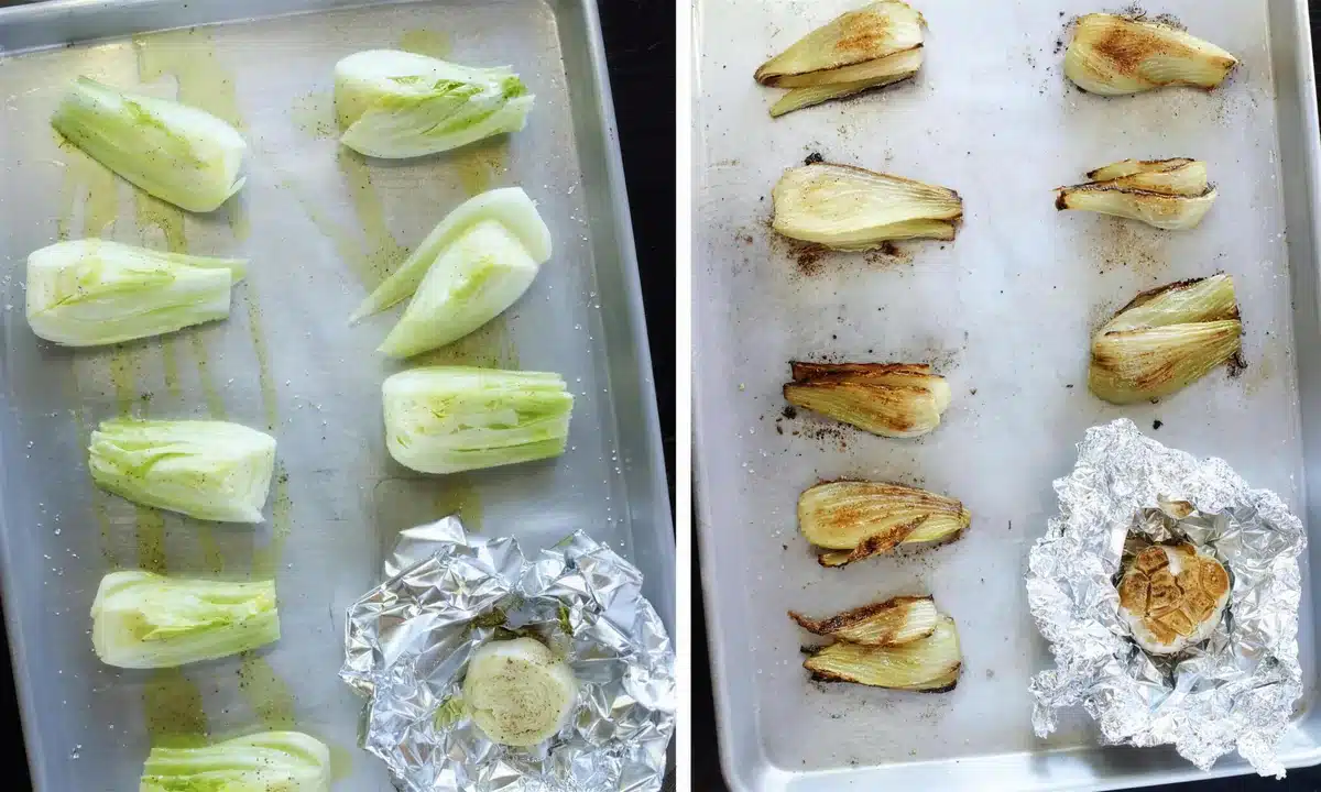 Fennel quarters and a foil garlic packet on a parchment lined sheet pan, raw and roasted