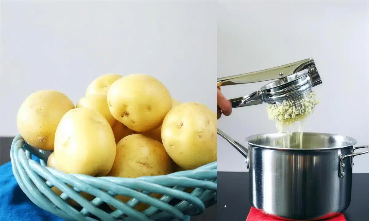 Yellow potatoes in a blue basket and cooked potatoes pressed through a ricer