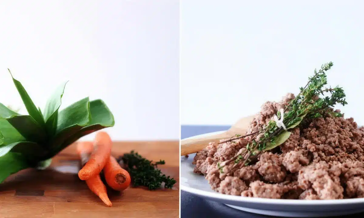 Leeks carrots and thyme on a board beside a plate of browned ground meat