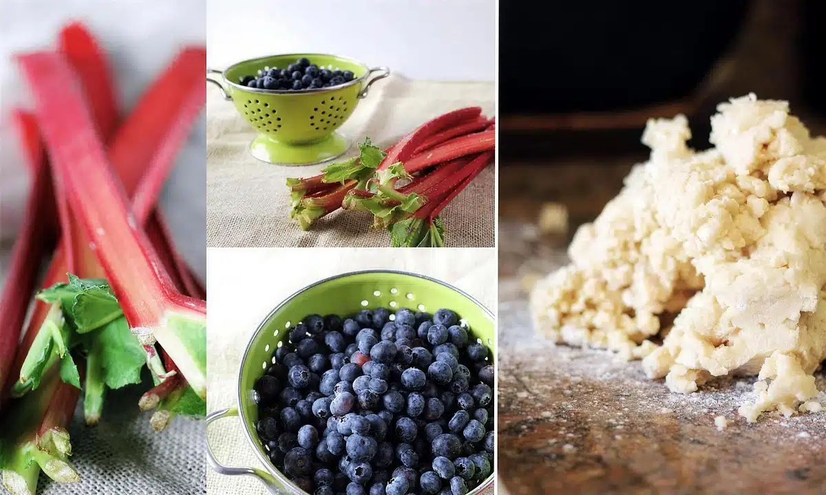 Stalks, berries in a green colander and a mound of pastry dough