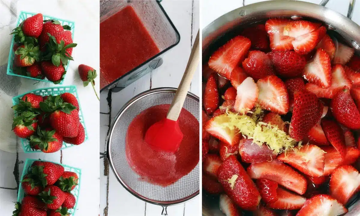 Strawberry syrup straining into a bowl beside a pan of macerating fruit