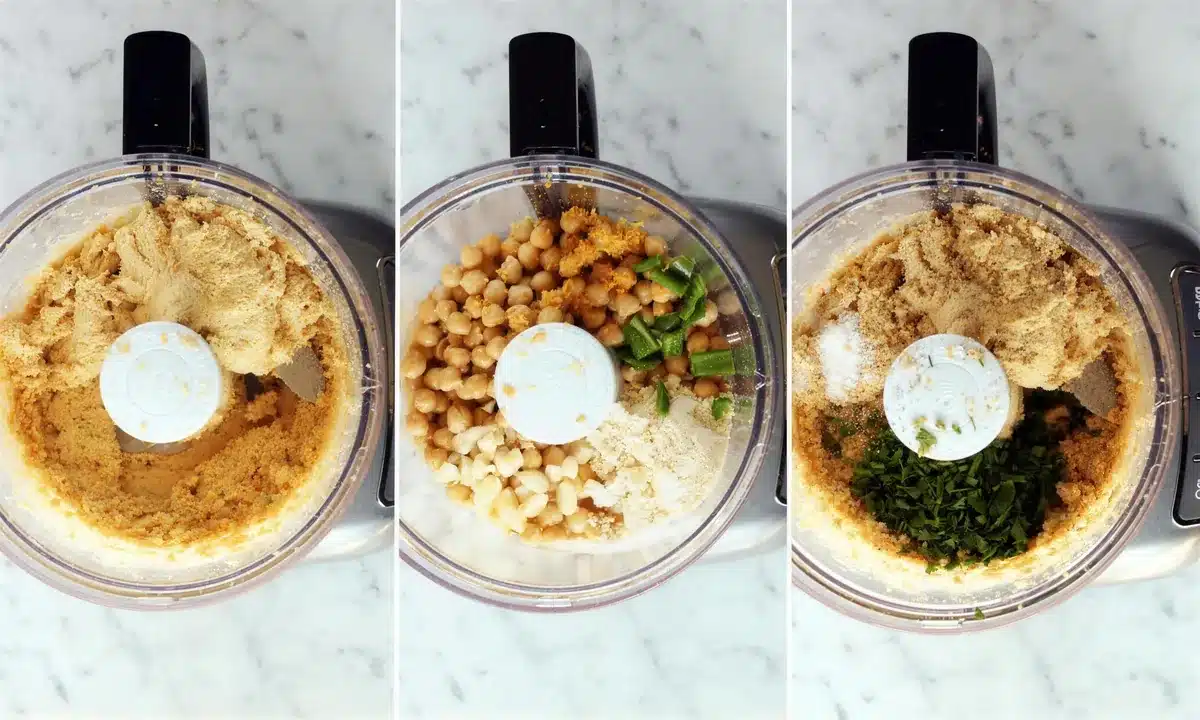 Three panel food processor collage showing beans, herbs and flour blended together