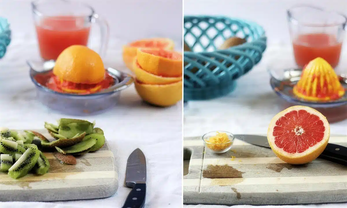 Step collage of juicing citrus and slicing green fruit on a board