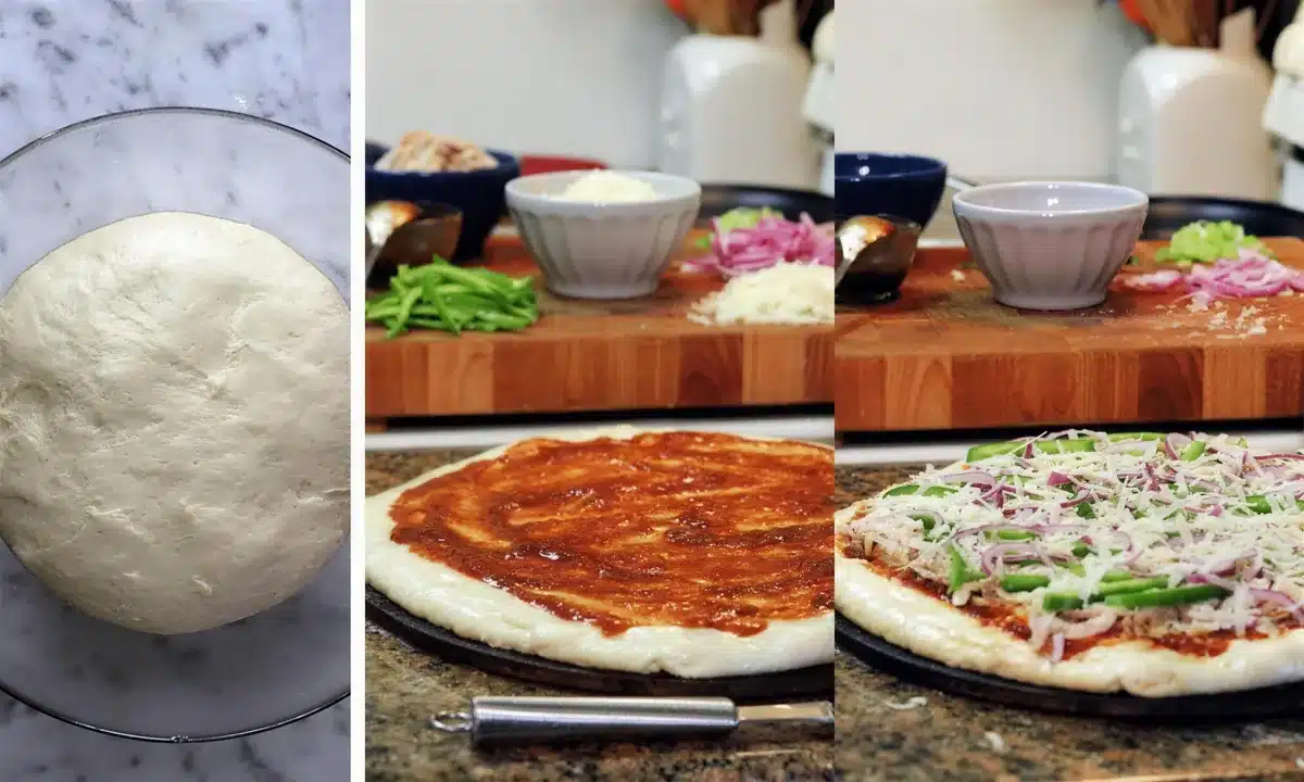 Step collage: dough ball, sauced base, toppings laid out and the finished round