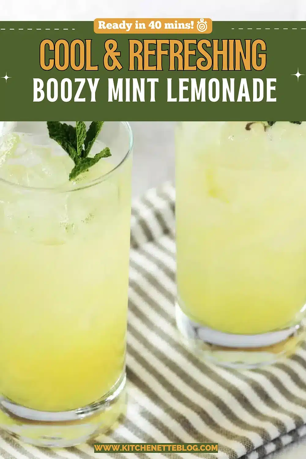 Two tall glasses of pale citrus drink over ice with mint sprigs on a striped cloth