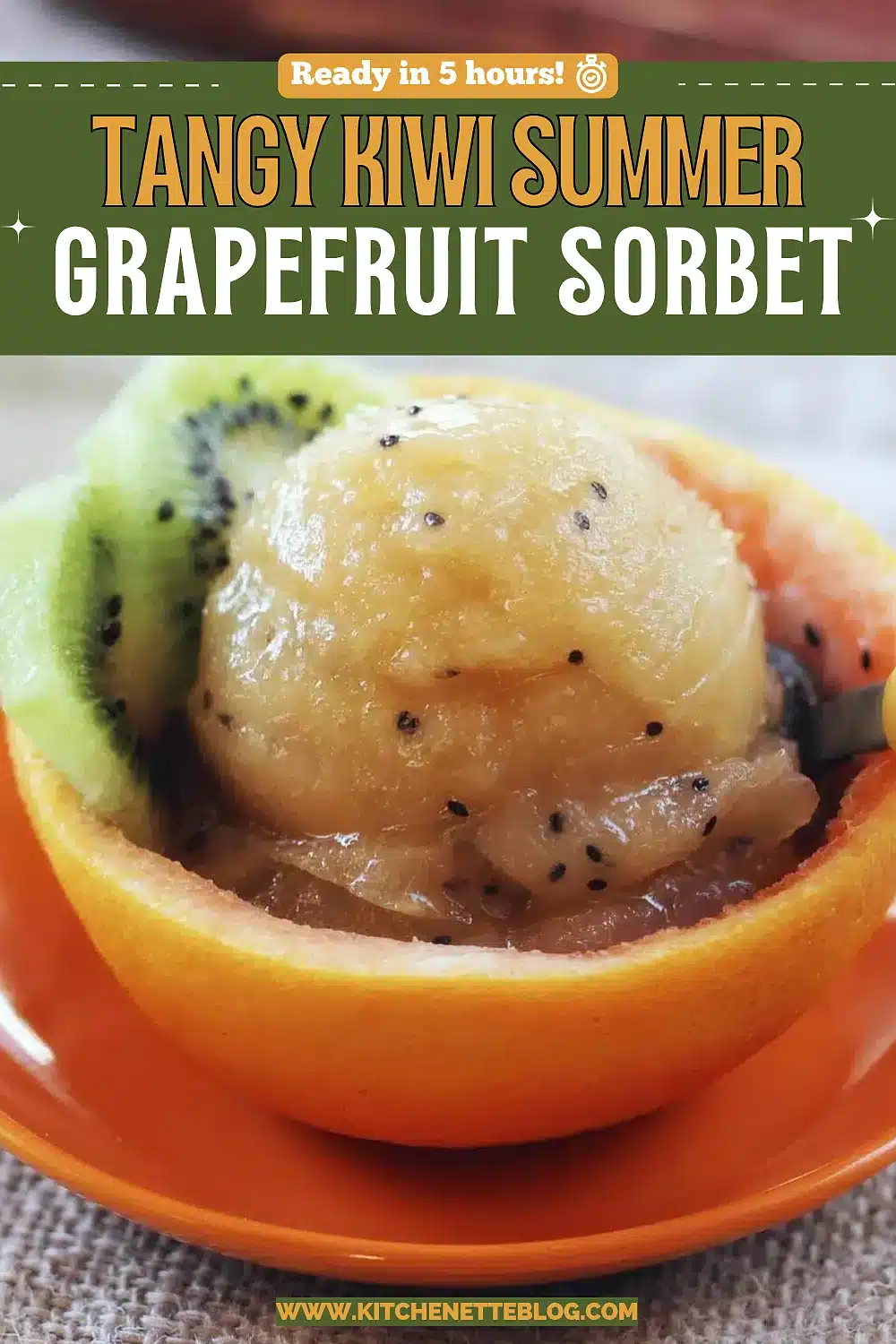 A scoop of pale frozen dessert in a hollowed citrus shell on an orange saucer