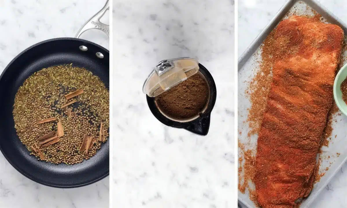 Whole spices toasting in a black pan, the ground rub in a bowl, and a coated rack on a tray