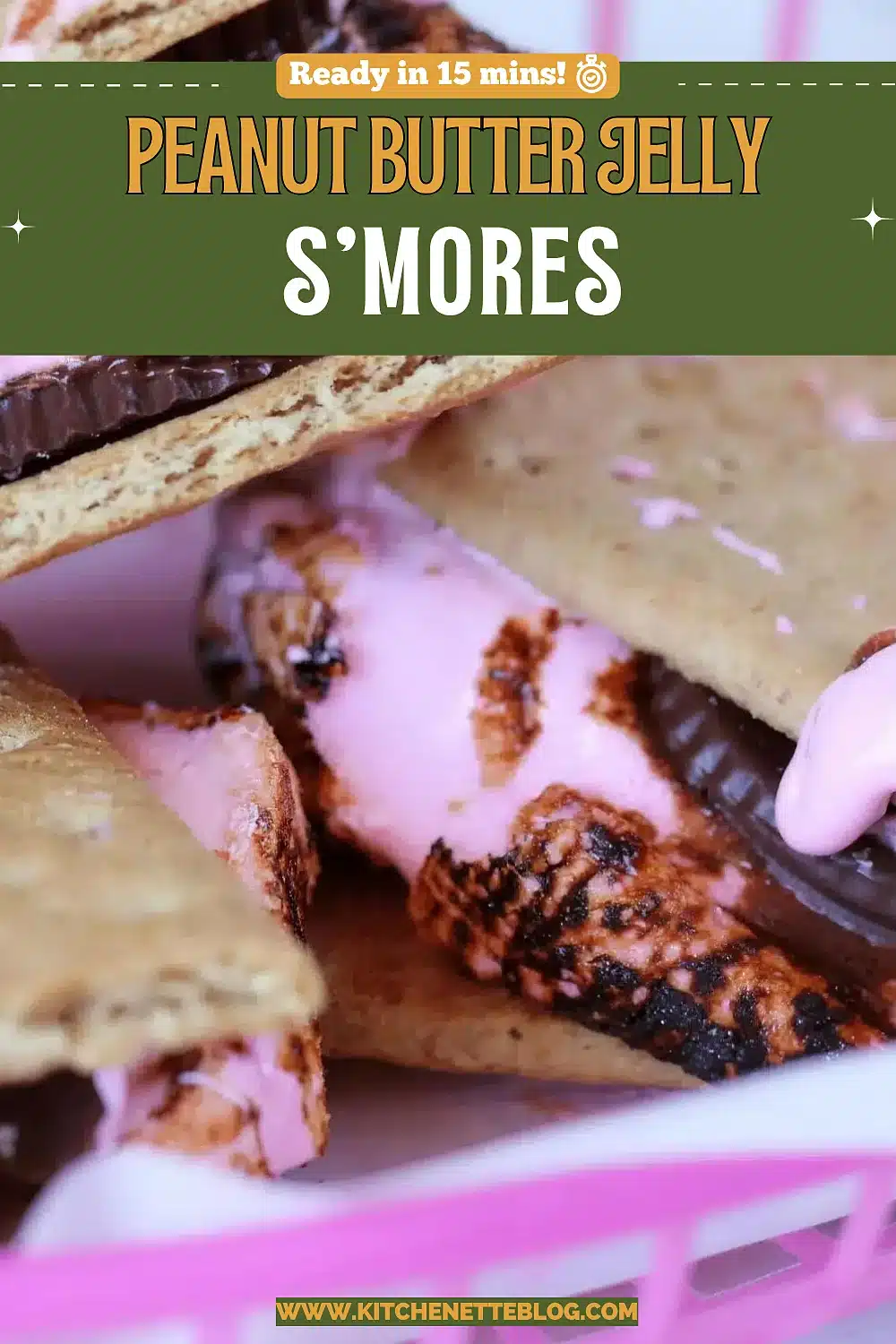 Graham cracker sandwiches oozing pink marshmallow and chocolate