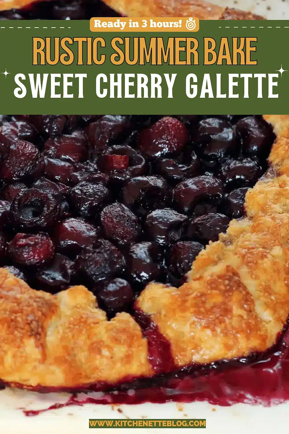 A free-form fruit tart with a sugared golden crust folded over dark glossy stone fruit