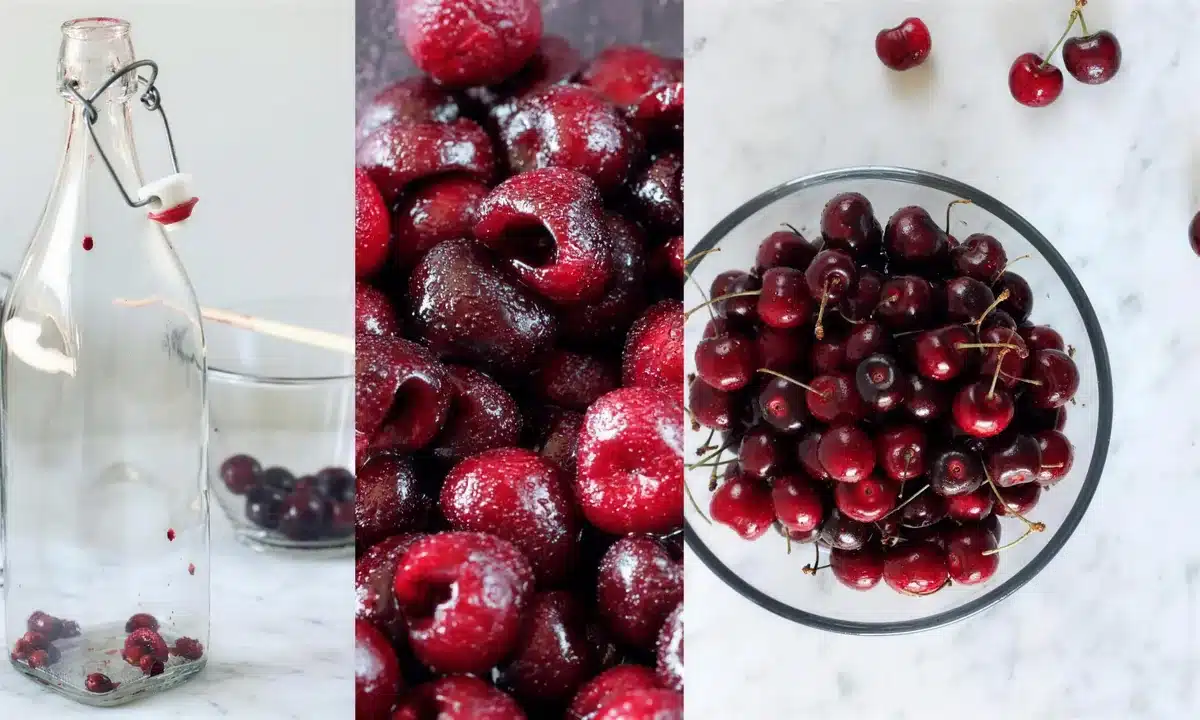 Step collage of a glass bottle, a bowl of red stone fruit and a plate of pitted fruit
