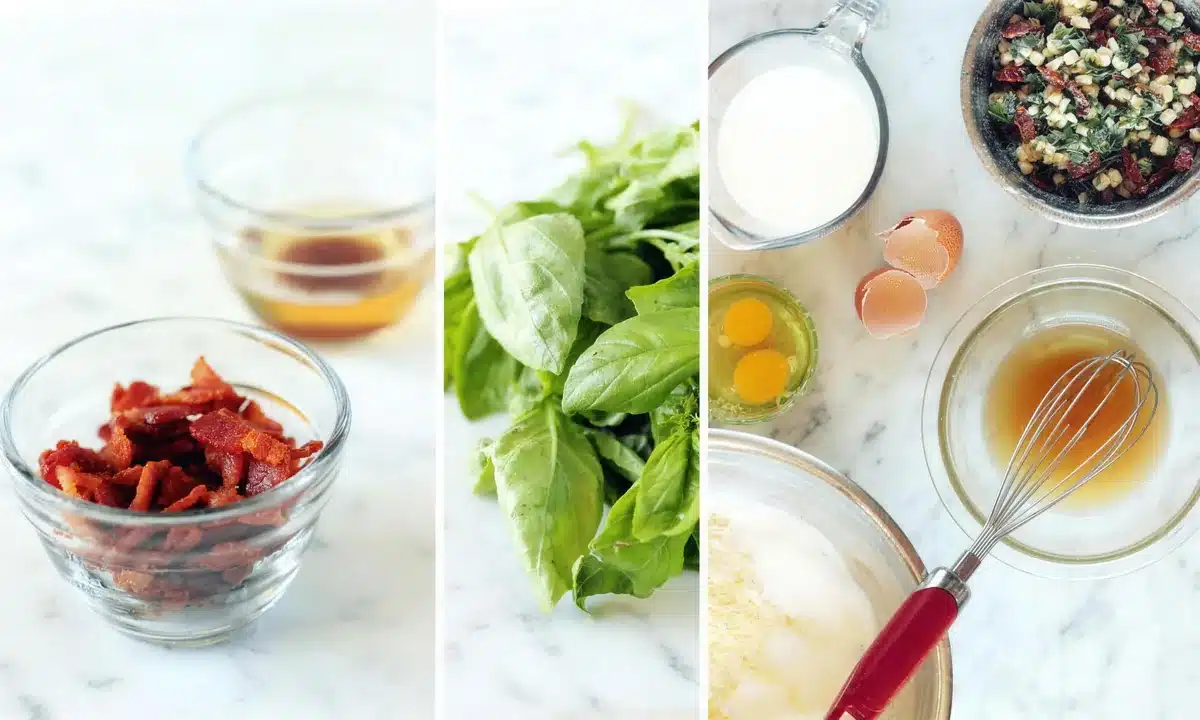 Step collage of diced pork, fresh herbs, milk and a whisked bowl of batter