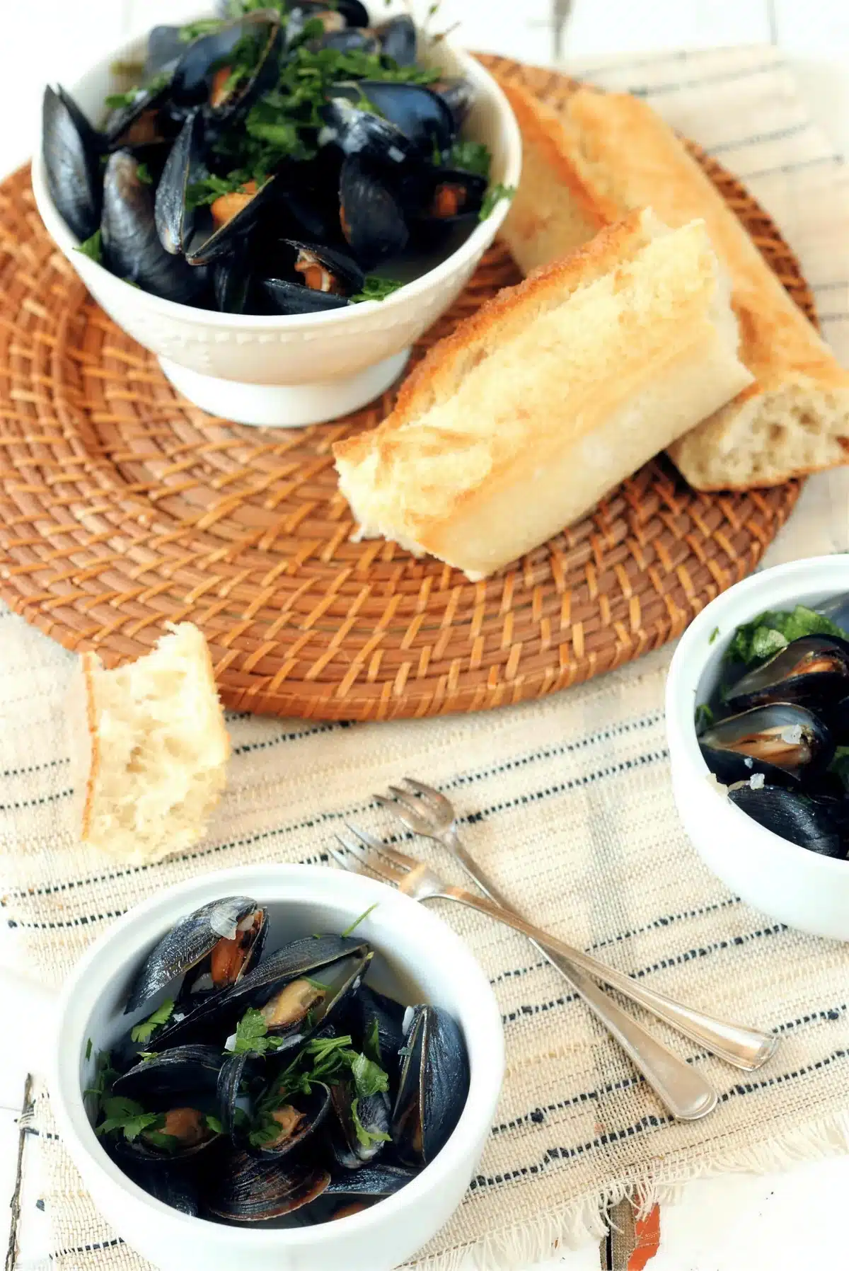 Mussels in white wine with slices of crusty baguette for the broth