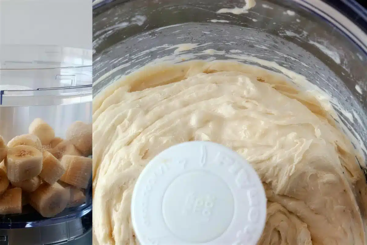 Frozen banana chunks in a food processor and the blended pale base
