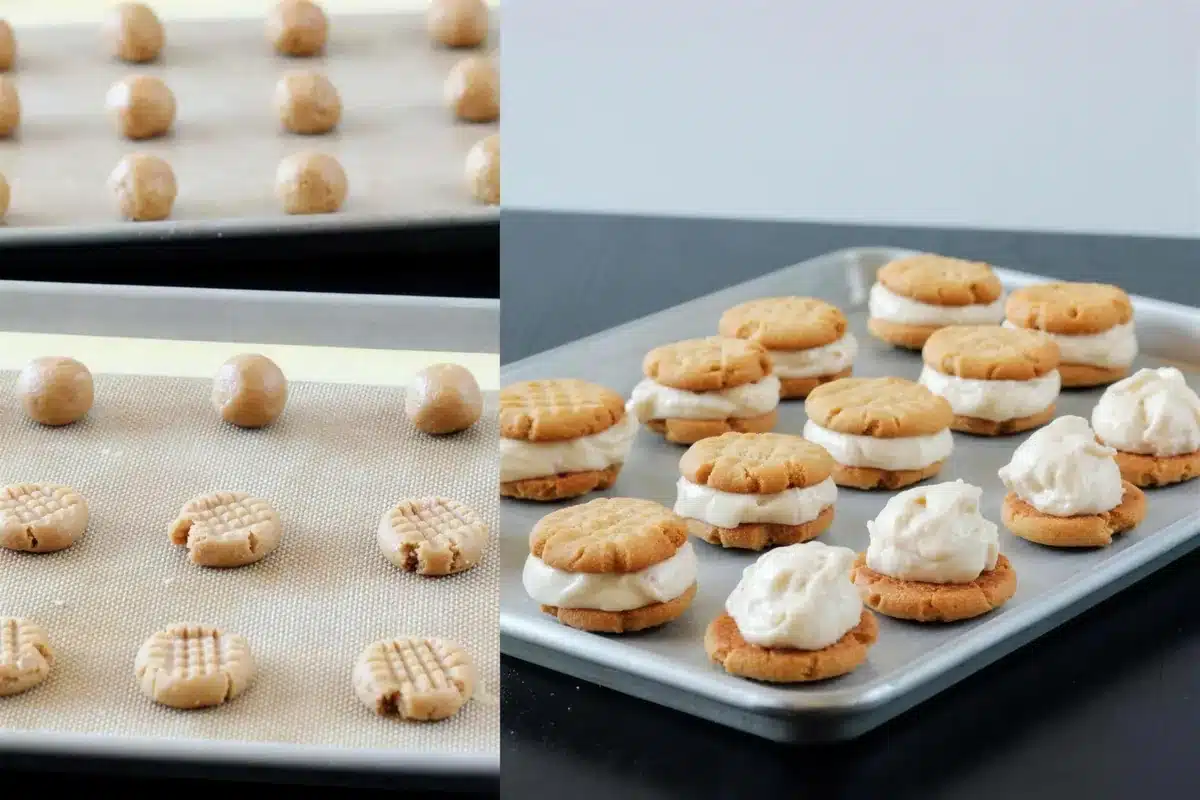 Cookie dough balls, fork-pressed rounds and the assembled stacks on a tray