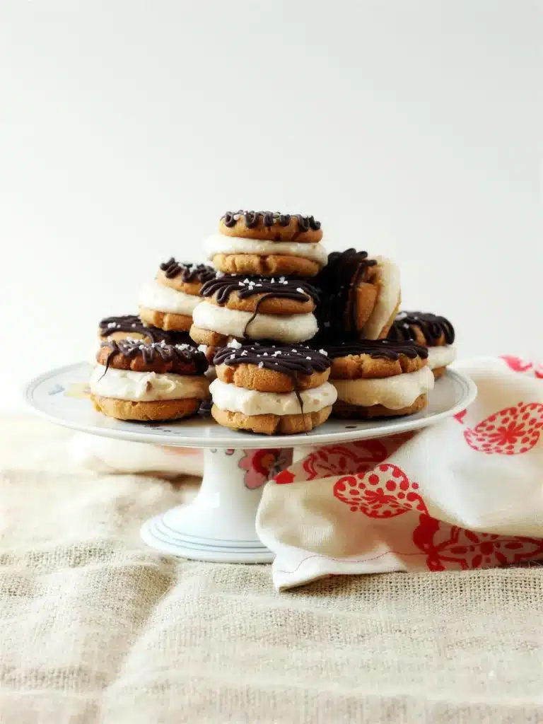 Pyramid of frozen cookie rounds on a white cake stand with a red cloth