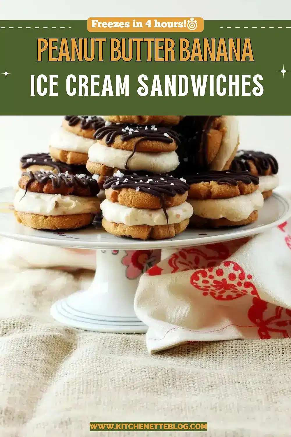 Stacked frozen cookie rounds drizzled with dark chocolate on a cake stand