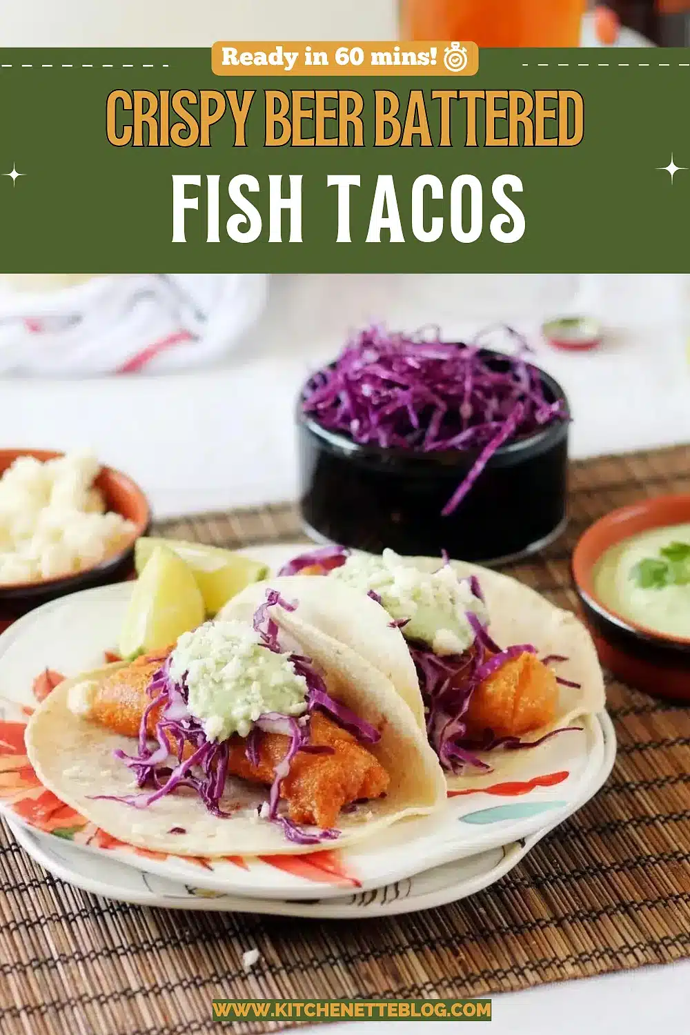 Crisp golden strips in soft tortillas with red cabbage and pale green sauce