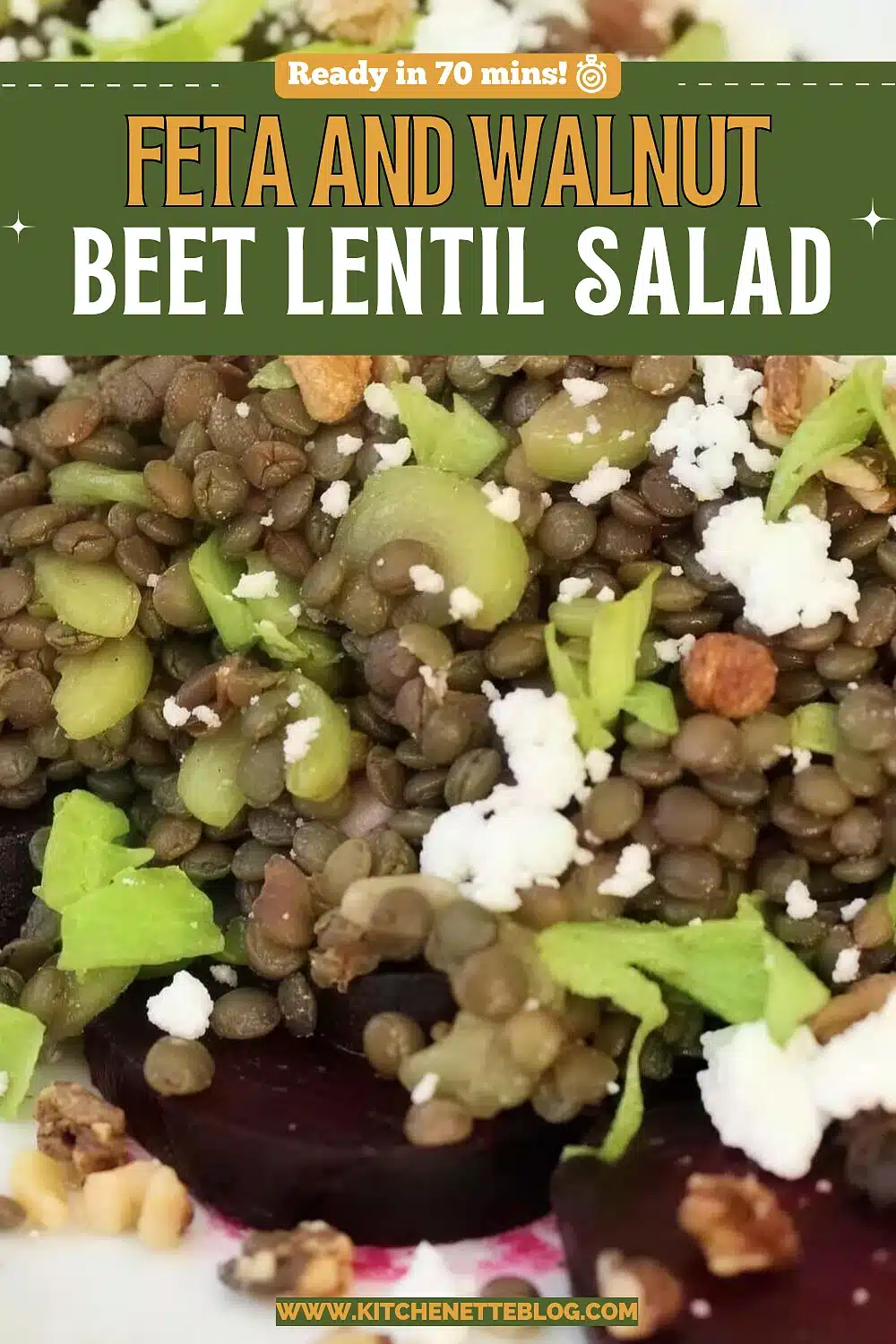 Green lentils tossed with celery, walnuts and crumbled feta, mounded over ruby beet slices on a white platter