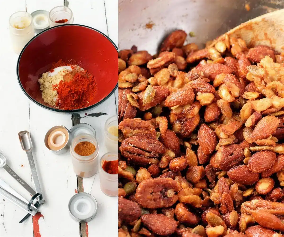 Cayenne, cinnamon and paprika measured into a red bowl beside a coated batch