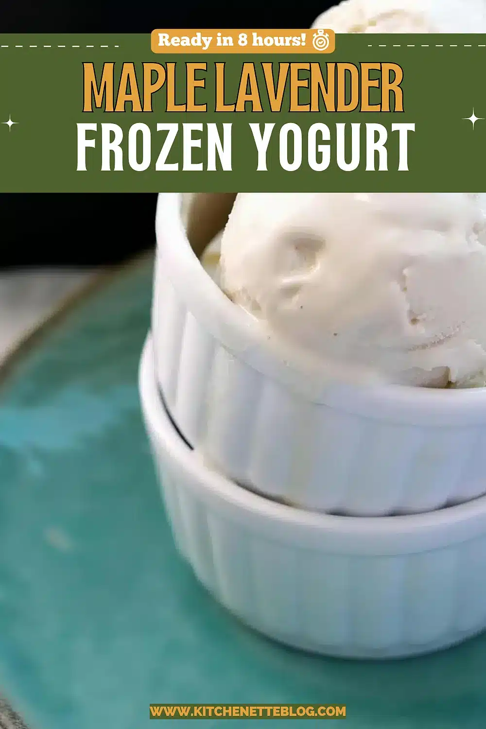 Two stacked white ramekins holding creamy pale scoops on a teal plate