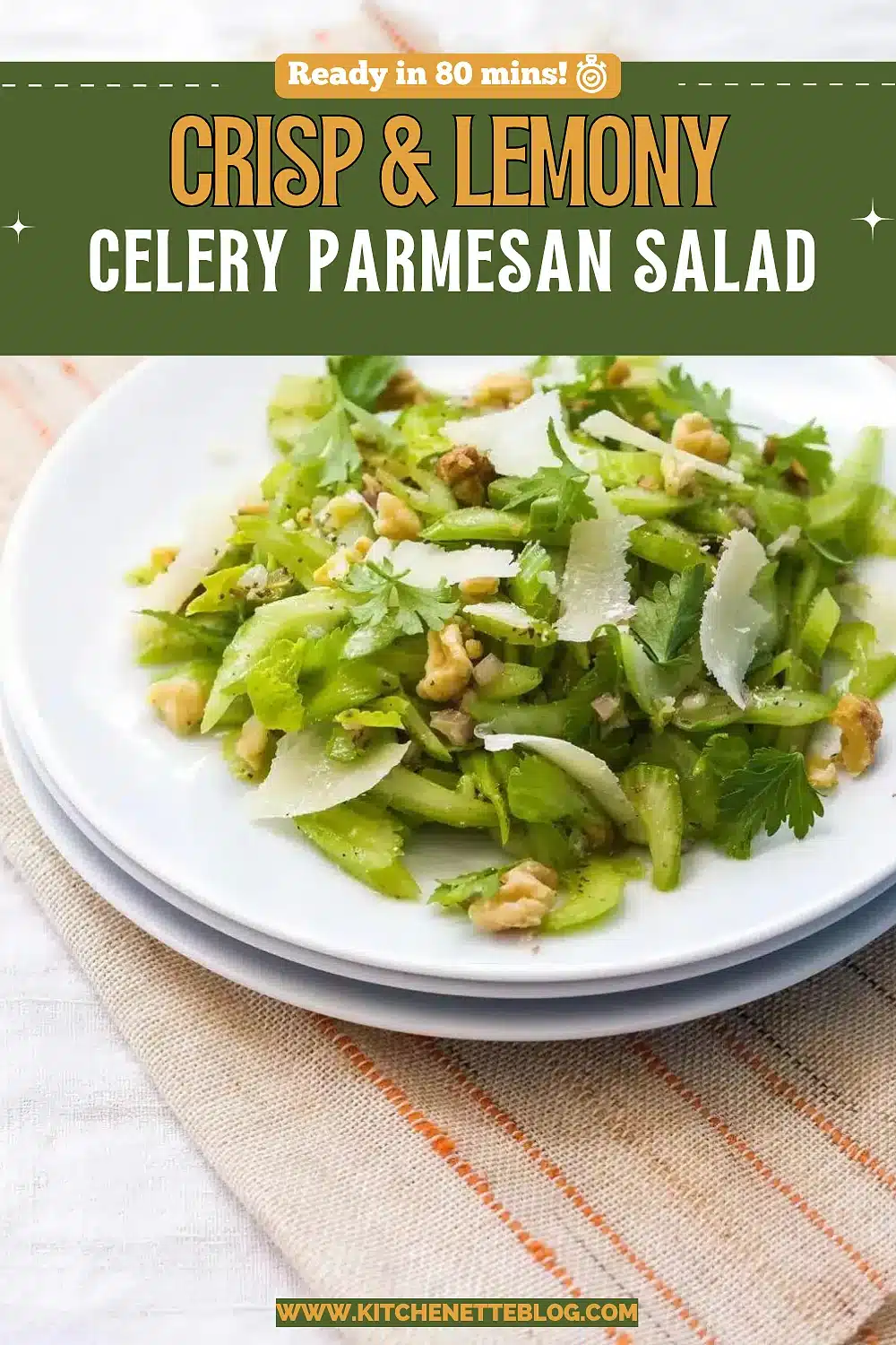 Stacked white plates holding thin sliced green stalks with walnuts and shaved cheese