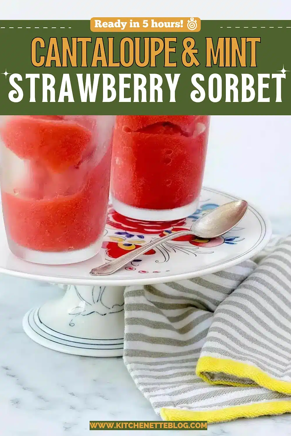 Two tall glasses of bright pink frozen dessert on a small white cake stand