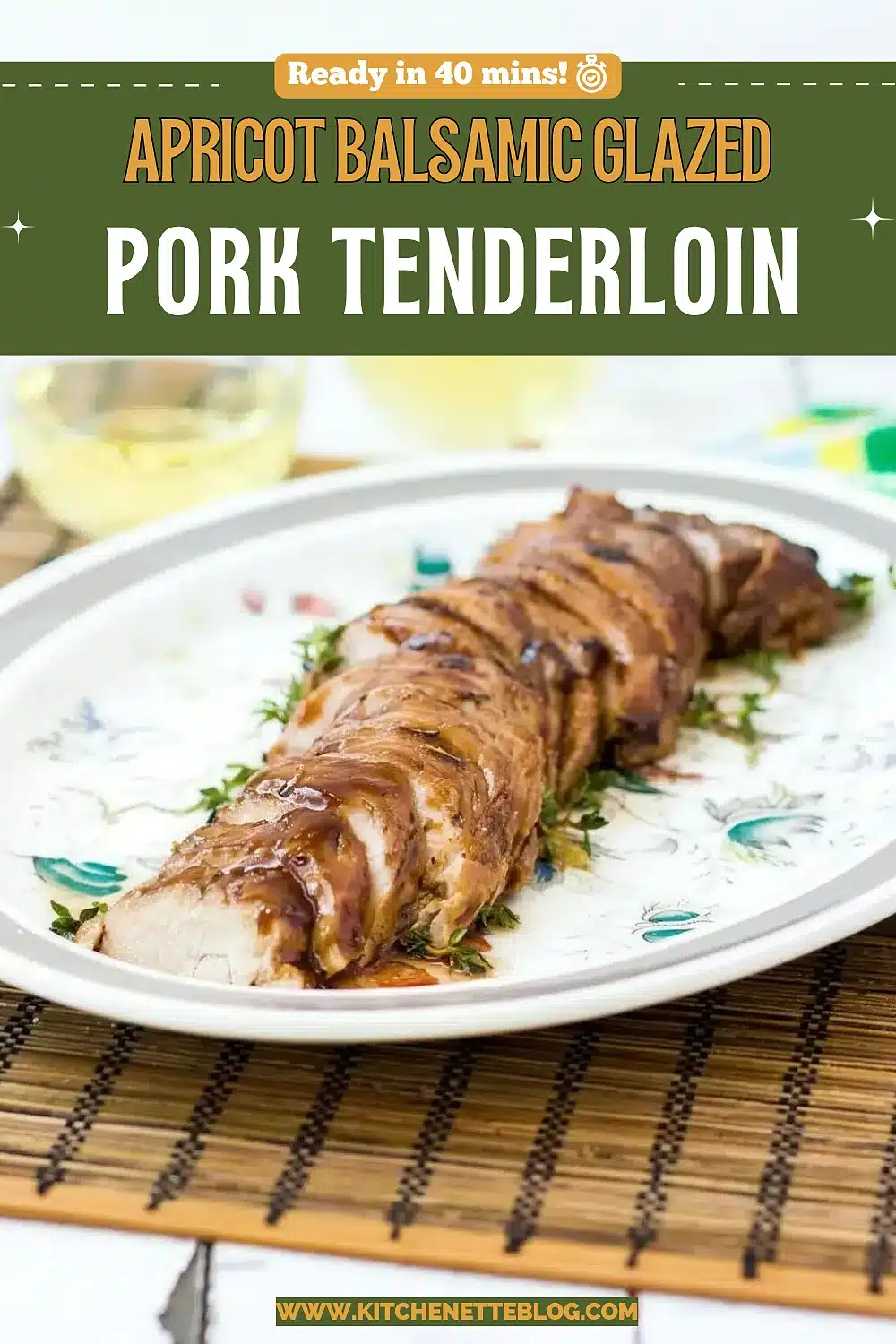 Sliced roast on a floral platter with two glasses of white wine, ready in 40 minutes