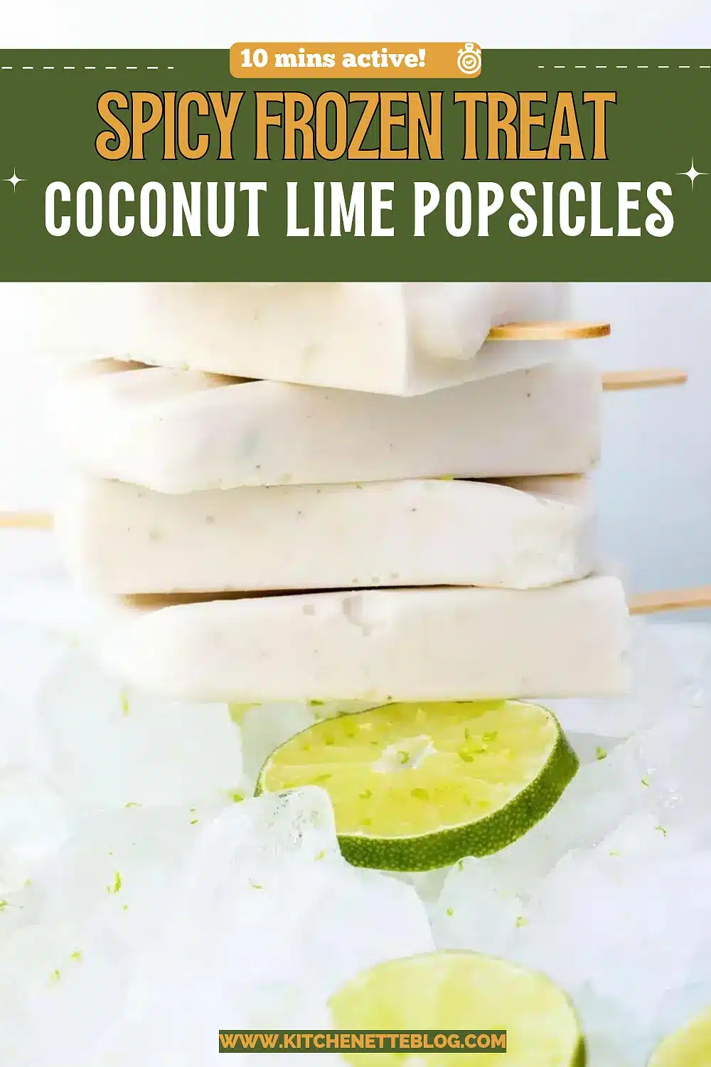 A stack of creamy white ice pops on wooden sticks resting on crushed ice with citrus slices