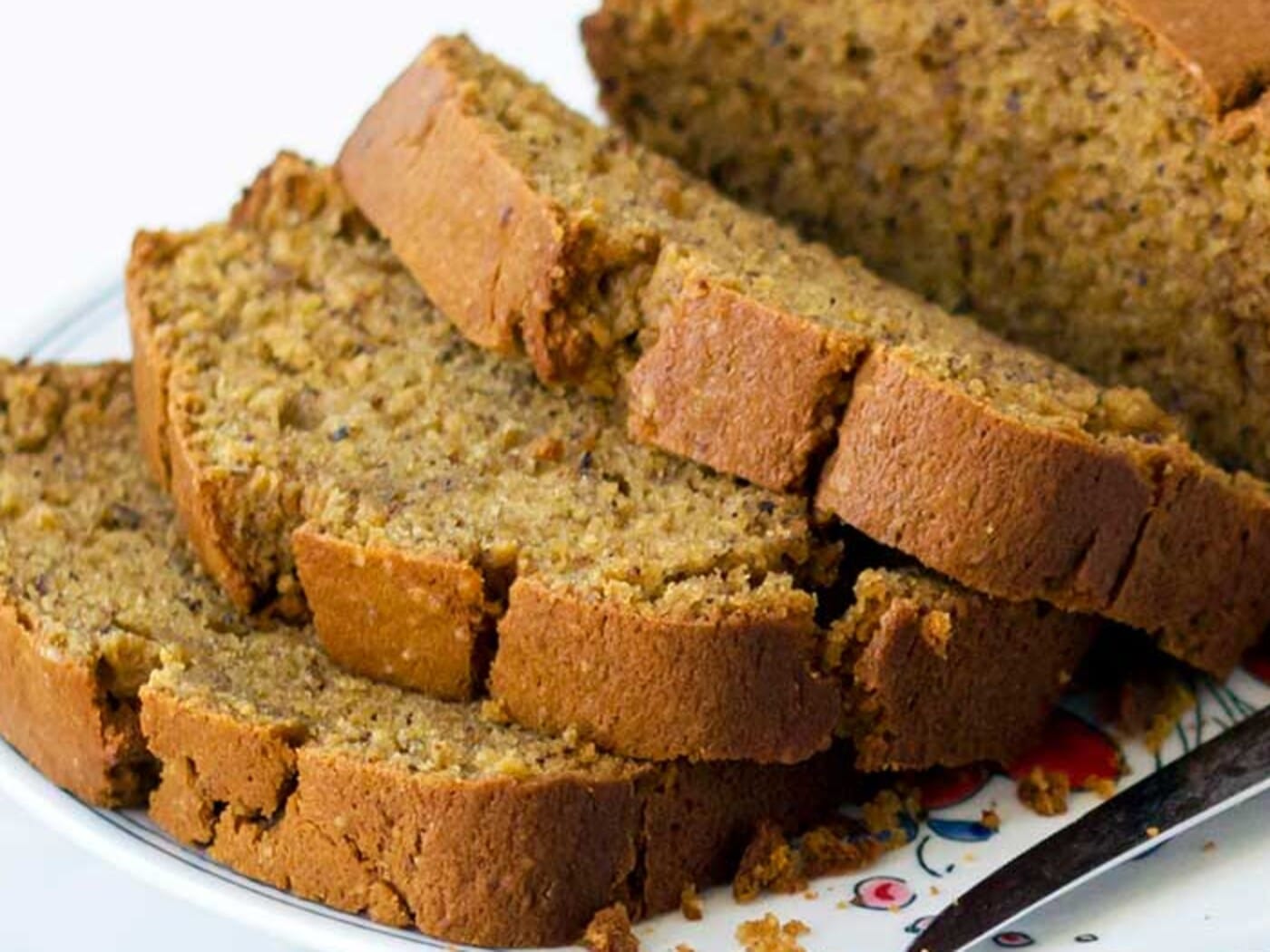 The dense, moist crumb of pumpkin beer bread up close