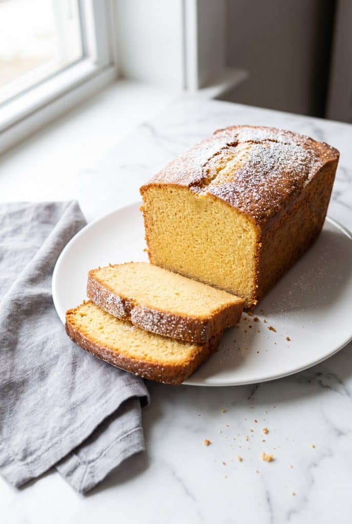Golden pound cake baked in a bread machine, sliced on a white plate