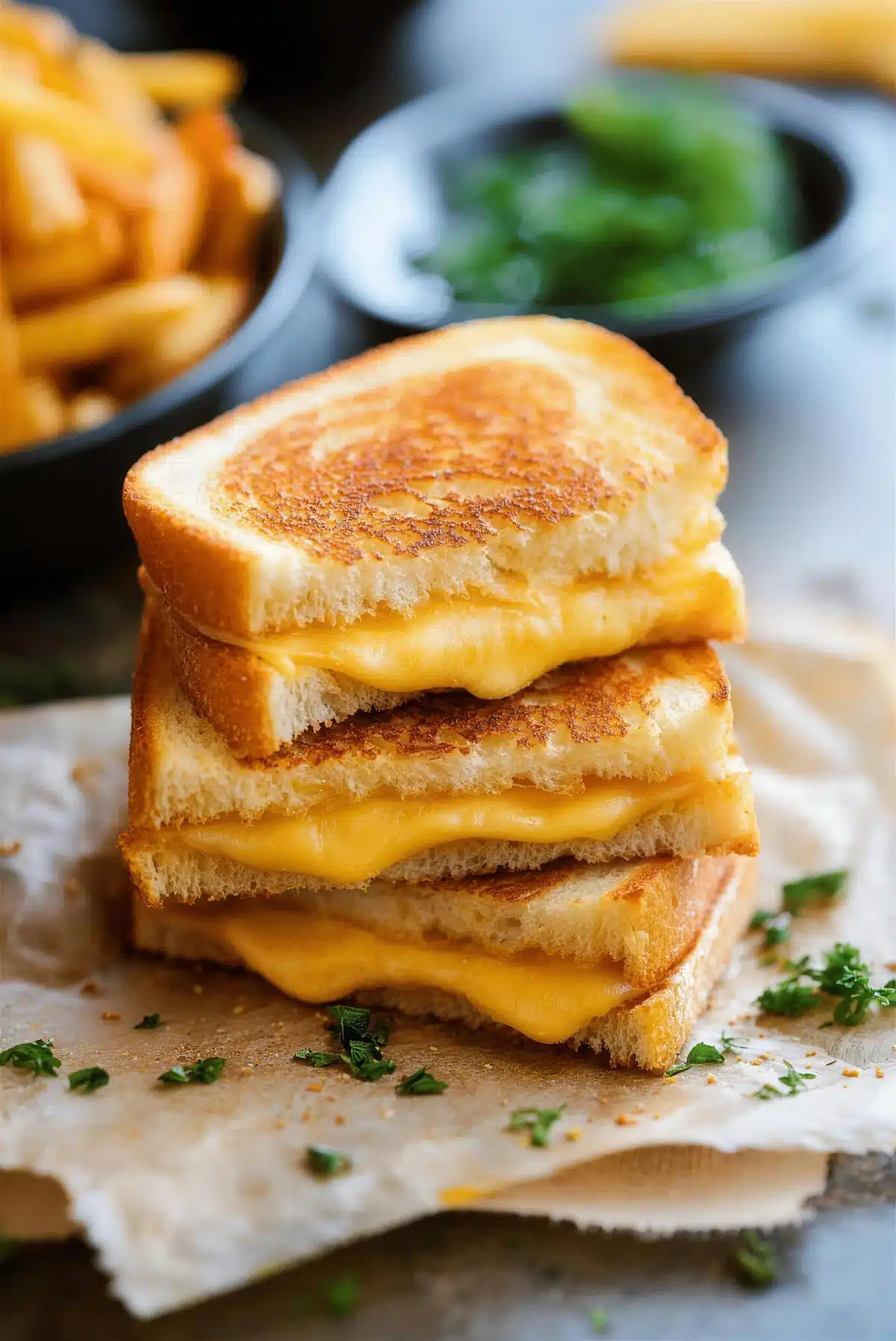 Toaster oven grilled cheese stacked three high on parchment beside a bowl of potato wedges