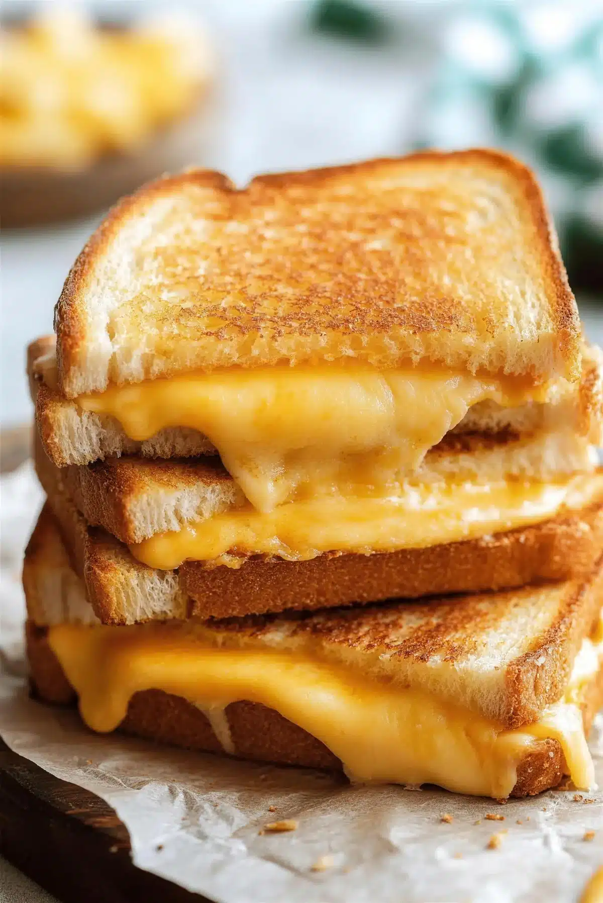 Grilled cheese from the toaster oven pulled apart to show the melted middle