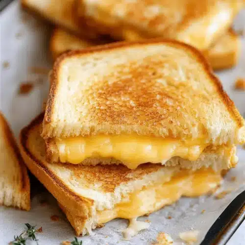Golden sandwich resting on a parchment-lined baking tray with sprigs of fresh thyme