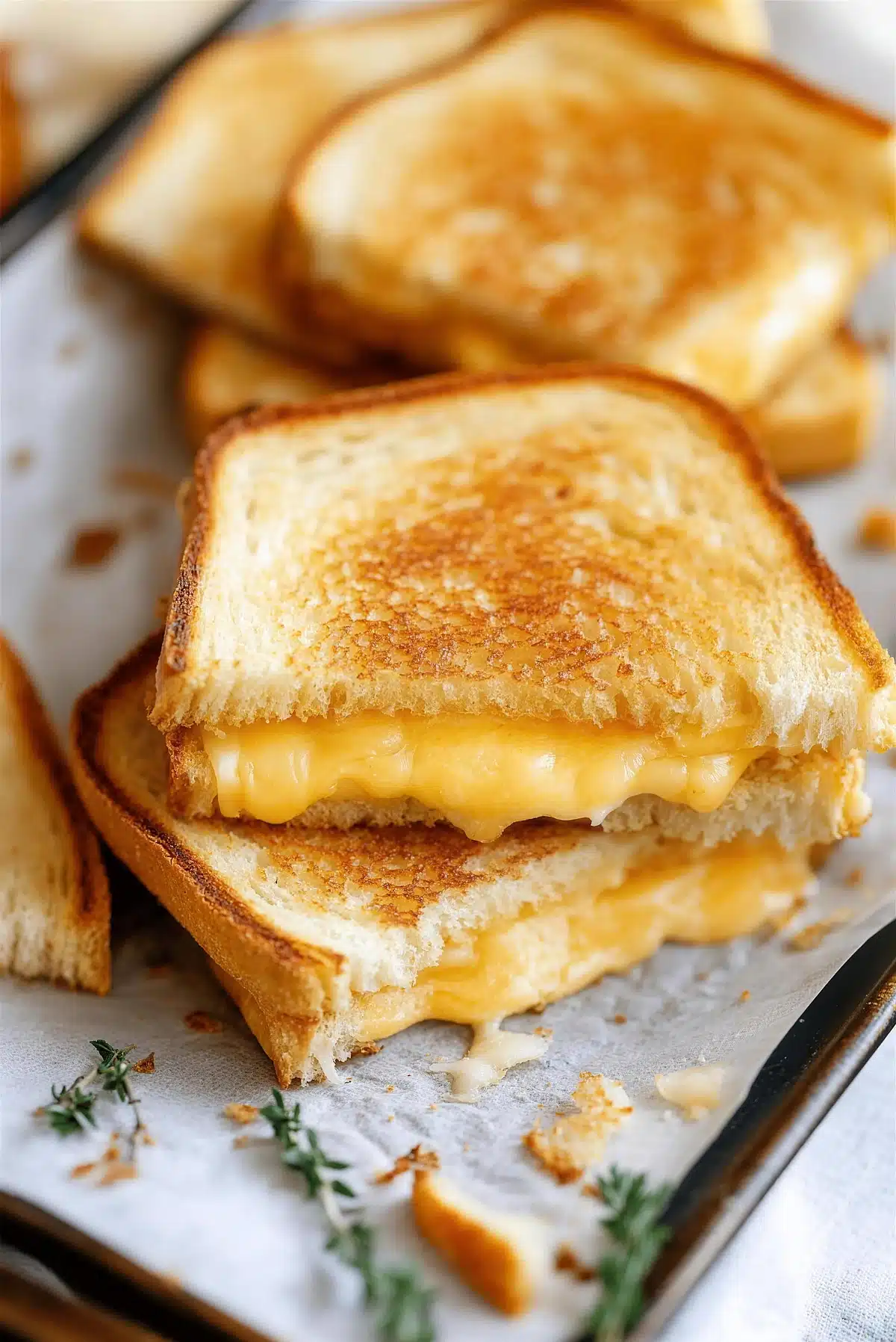 Golden sandwich resting on a parchment-lined baking tray with sprigs of fresh thyme