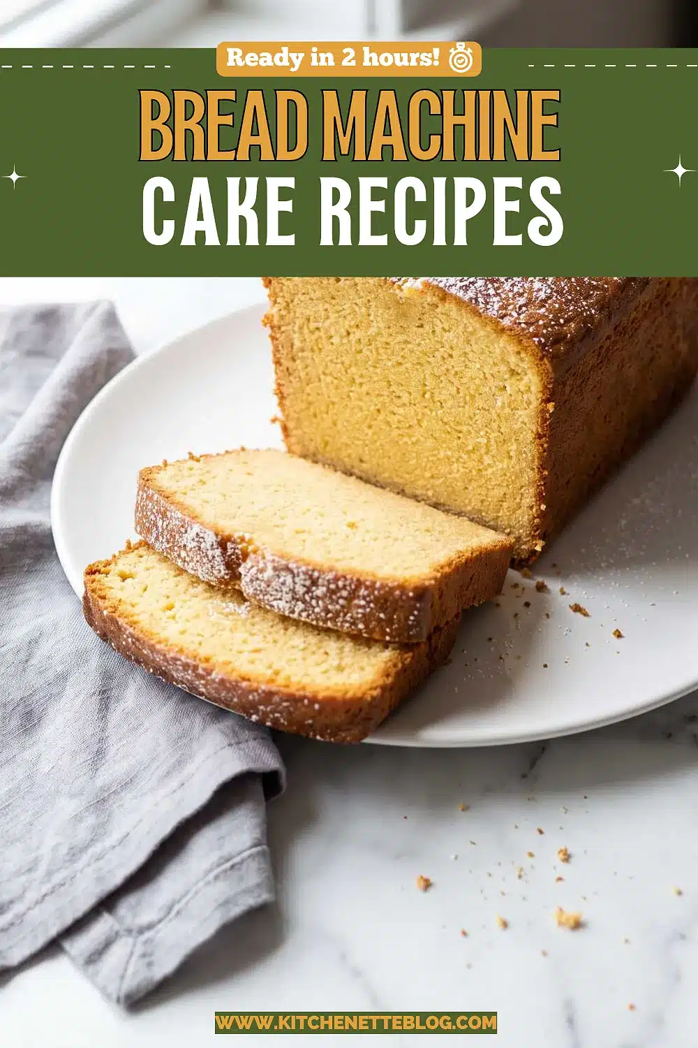 A tall golden loaf shaped cake dusted with sugar, two slices cut and laid flat on a white plate beside a grey linen napkin